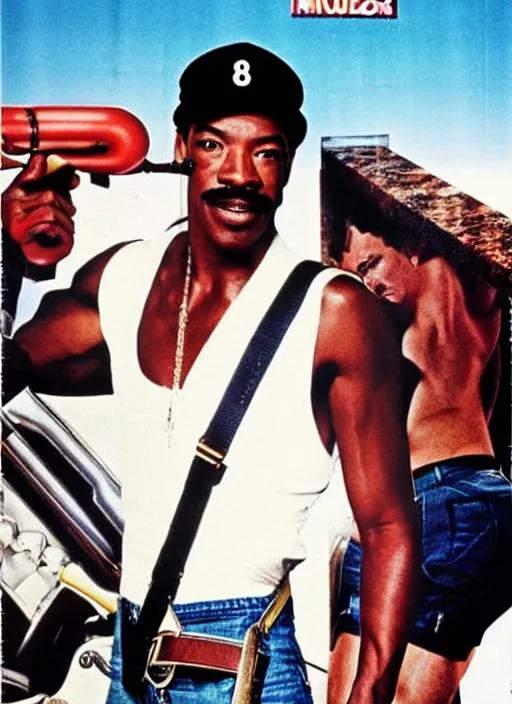 Image similar to an 8 0's john alvin action movie poster starring eddie murphy face as a plumber to rich people. bathroom. overalls. tool belt. the movie is called beverly hills crap