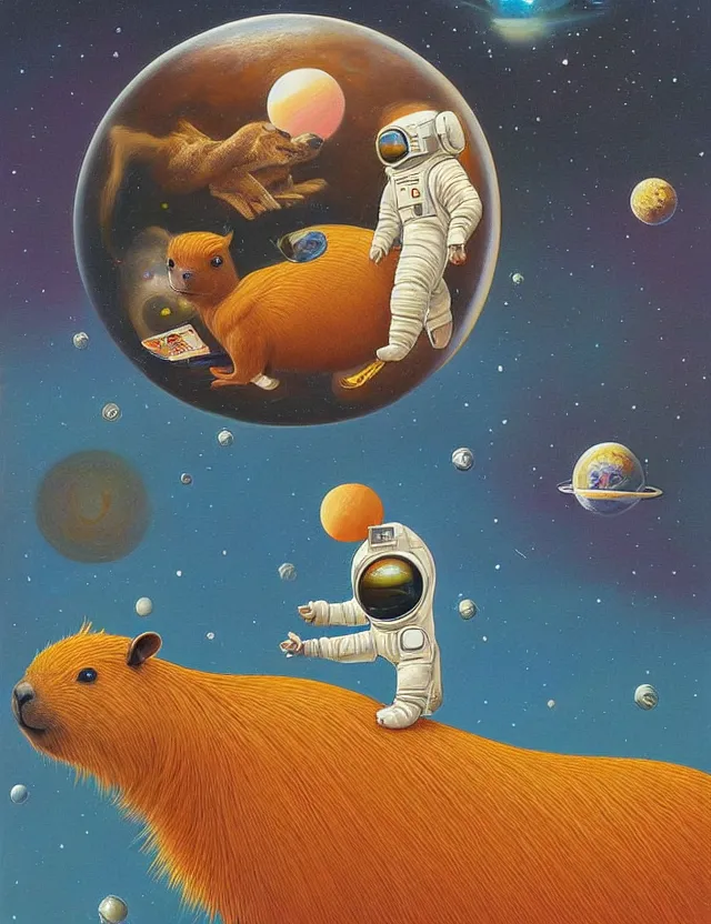 Image similar to beautiful detailed painting of a capybara in a spacesuit floating above earth by casey weldon by mark ryden by thomas blackshear