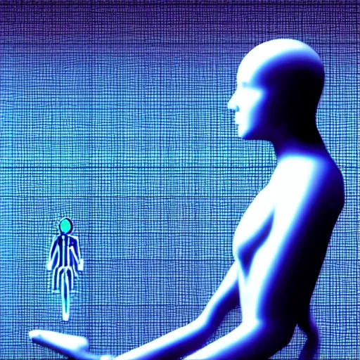 Image similar to detailed blueprint of a human on a hologram, sci-fi, futuristic, cgi