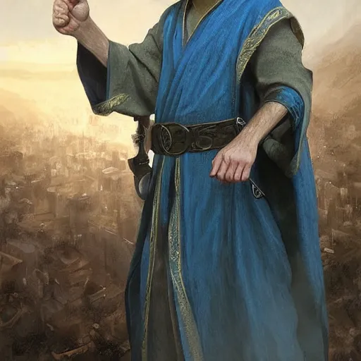 Prompt: Portrait of a middle aged elf, long beard, blue robes with clock iconography, olive skin and a raised fist, detailed face, cinematic lighting, highly detailed, digital art painting by greg rutkowski