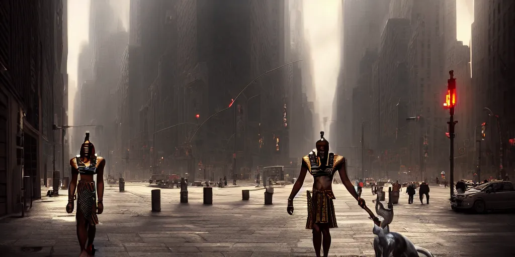 Image similar to an egyptian god walking the streets of new york, digital art, landscape, fantasy art, octane render, unreal engine, high detail, very realistic, by ross tran. by james gurney