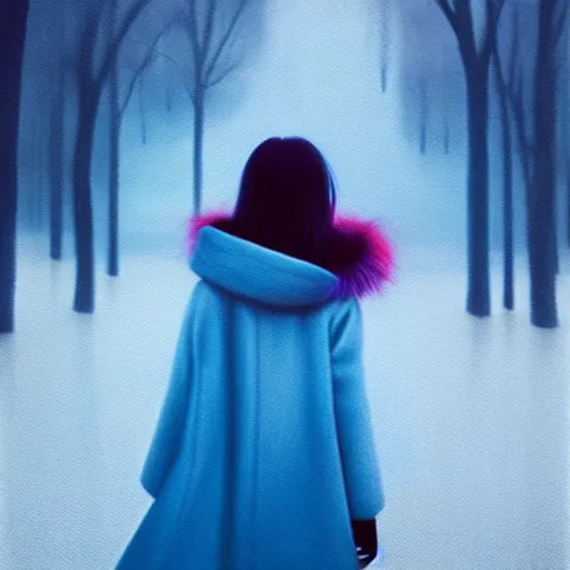 Image similar to frozen rain floating around a flying girl with long sky blue hair, low - angle shot from behind, blue coat, fur scarf, ultra fine detail, dark theme, realistic painting, photography, psychedelic, film still, cinematic, wlop, ilya kuvshinov, ismail inceoglu,