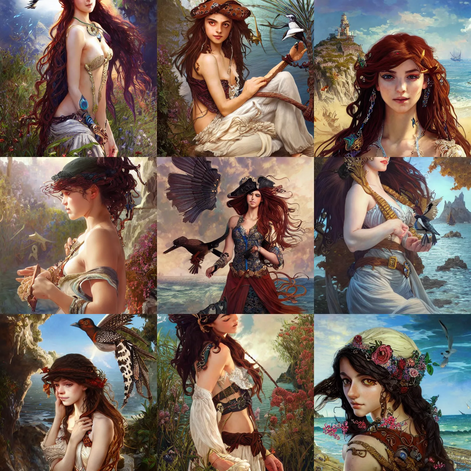 Prompt: freckled mediterranean pirate girl and a magpie, seaside backgroud, art for young adult fantasy novel, fantasy, intricate, elegant, clean, well composed, highly detailed, art by chengwei pan and viktoria gavrilenko and artgerm and greg rutkowski and alphonse mucha and josephine wall, trending on artstation