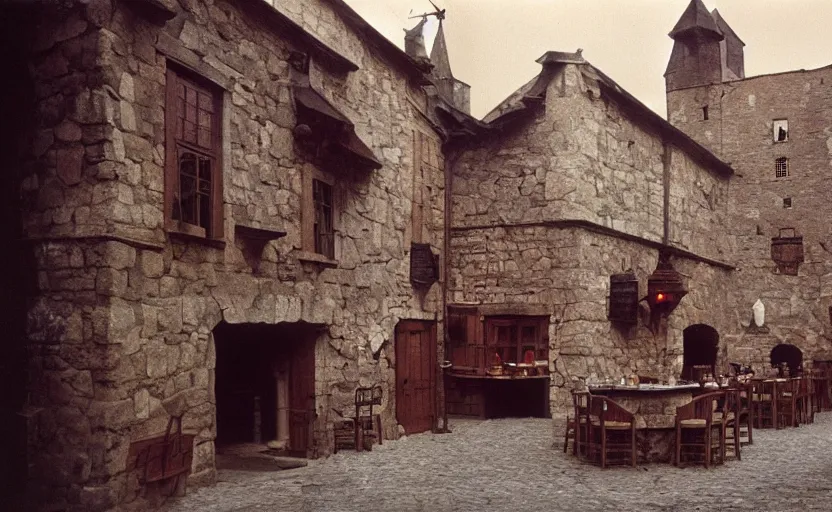 Image similar to Exterior shot of a medieval tavern with dark cinematic and atmospheric lighting by stanley kubrick, shot by 35mm film color photography