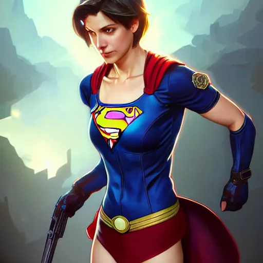 Image similar to Jill Valentine as Super Girl, western, D&D, fantasy, intricate, elegant, highly detailed, digital painting, artstation, concept art, matte, sharp focus, illustration, art by Artgerm and Greg Rutkowski and Alphonse Mucha