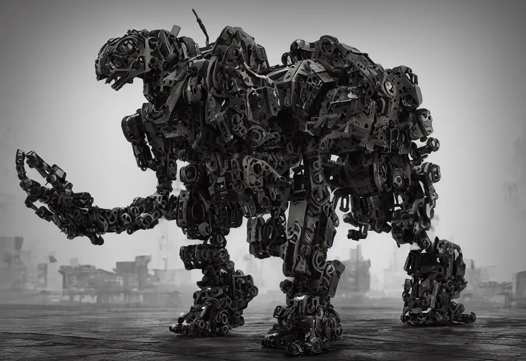 Image similar to military quadruped tiger shaped mech, with black carbon fibre muscular limbs, sinew, intricate parts, parametric design, pistons, robotics, modern, on an empty grimy concrete background, weta, cinematic, realistic, stylised, unreal engine, hyper realistic, octane render