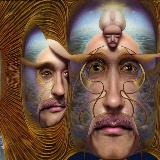 Image similar to a beautiful composition of deeply moving genius, flawless and incredible facial portraiture, depicting Father Time who has two faces and is regarding himself as if in the mirror; wondrous futuristic digital paint, by M. C. Escher