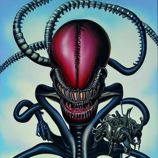 Prompt: Xenomorph painting by Mark Ryden and Alex Gross, Todd Schorr highly detailed