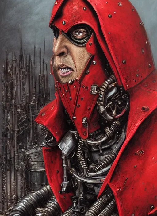 Image similar to portrait of rotten Nicolas Cage as adeptus mechanicus in red hood and robe from Warhammer 40000. Highly detailed, artstation, illustration by and John Blanche and zdislav beksinski and wayne barlowe