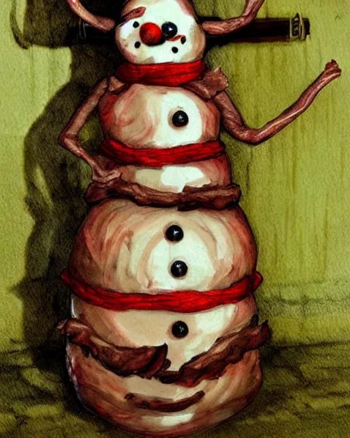 Prompt: meat snowman, horror art by beksinksy, bernie wrightson