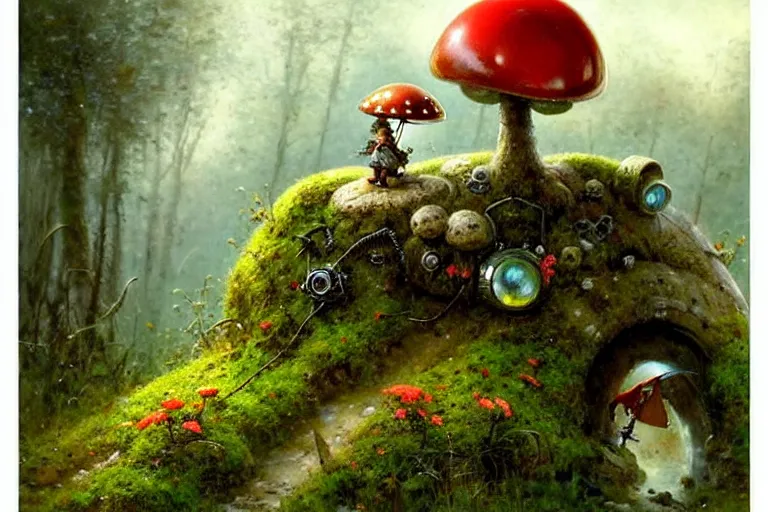 Image similar to adventurer ( ( ( ( ( 1 9 5 0 s retro future robot android mouse in forrest of giant mushrooms, moss and flowers stone bridge. muted colors. ) ) ) ) ) by jean baptiste monge!!!!!!!!!!!!!!!!!!!!!!!!! chrome red