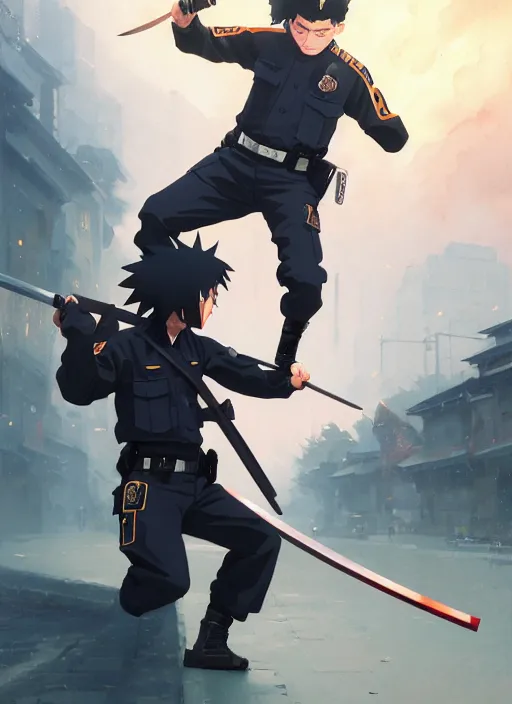 Prompt: highly detailed polish policeman fighting with katana wielding naruto uzumaki with black hair, fighting with polish policeman art by greg rutkowski, loish, rhads, ferdinand knab, makoto shinkai and lois van baarle, ilya kuvshinov, rossdraws, tom bagshaw, global illumination, radiant light, detailed and intricate environment