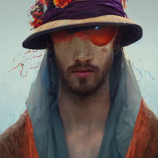 Prompt: portrait of a blindfolded man in multicolored robes, a large straw hat, detailed face, highly detailed, cinematic lighting, digital art painting by greg rutkowski