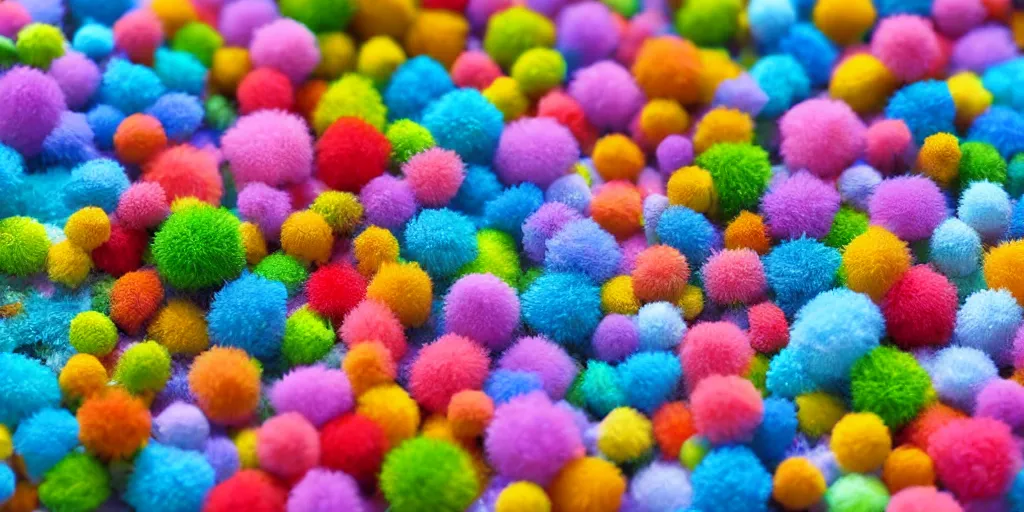 Prompt: fluffy balls city, isometric view, vibrant colours, tilt shift effect