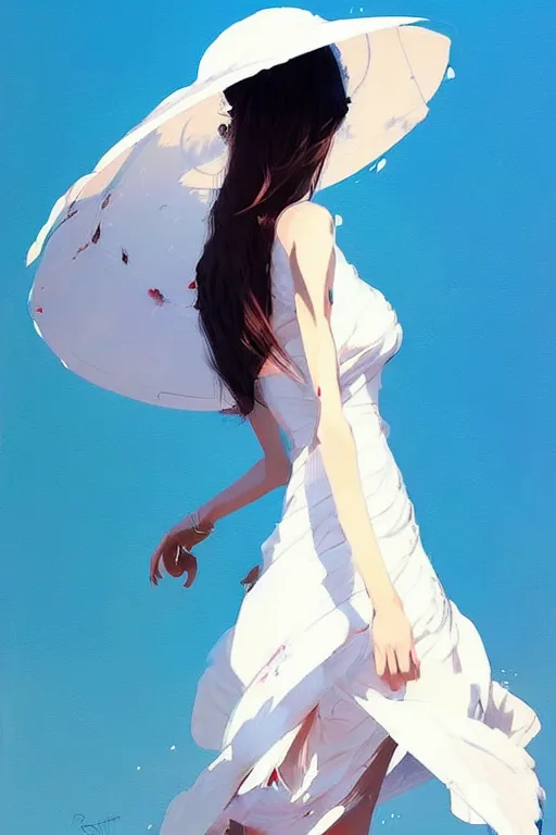 Image similar to a ultradetailed beautiful painting of a stylish woman wearing a white dress with a sun hat, by conrad roset, greg rutkowski and makoto shinkai trending on artstation