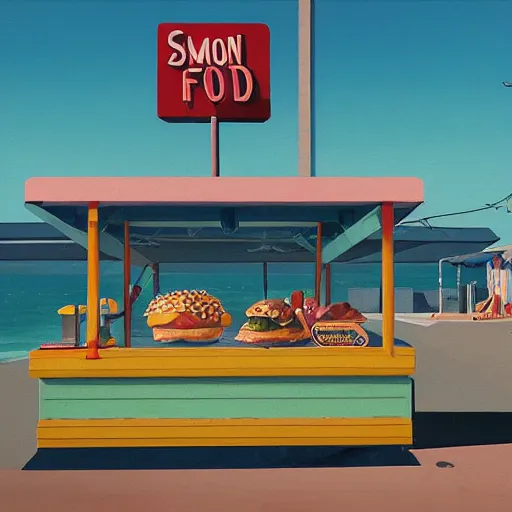 Image similar to fast food counter by the beach by simon stalenhag