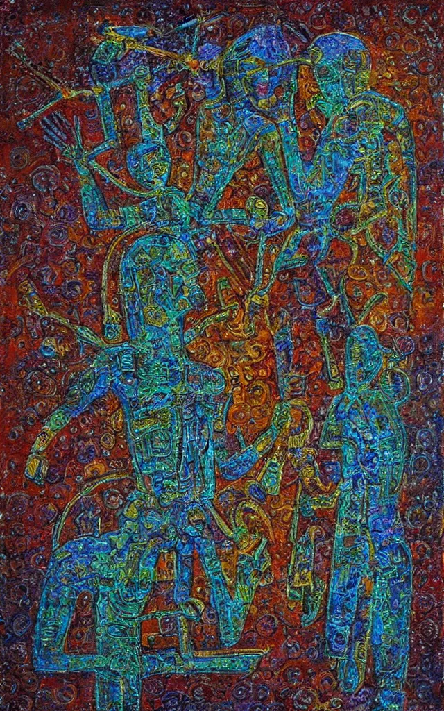 Image similar to ancient sarcophagus made of iridescent metal strange glyphs, award winning oil painting, midnight color palette