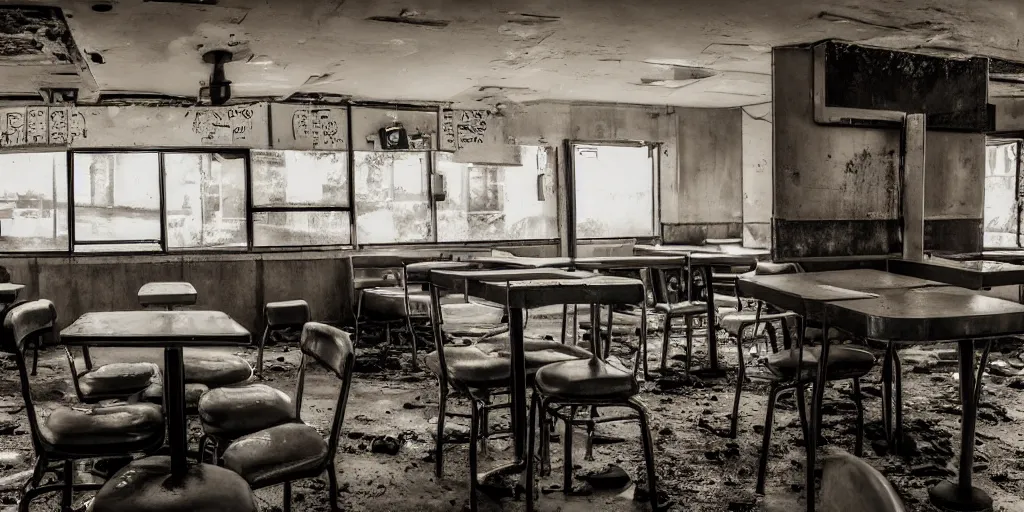 Image similar to a photograph from inside an abandoned diner