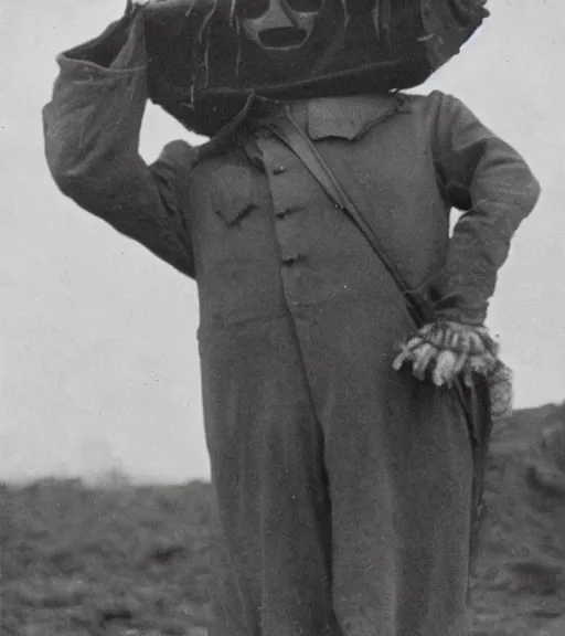 Prompt: a man at wearing a full head scarecrow mask in distance, ww1 film photo, grainy, high detail, high resolution