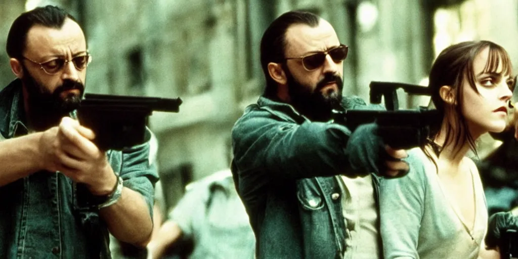 Image similar to Emma Watson and Jean Reno in Leon The Professional holding guns