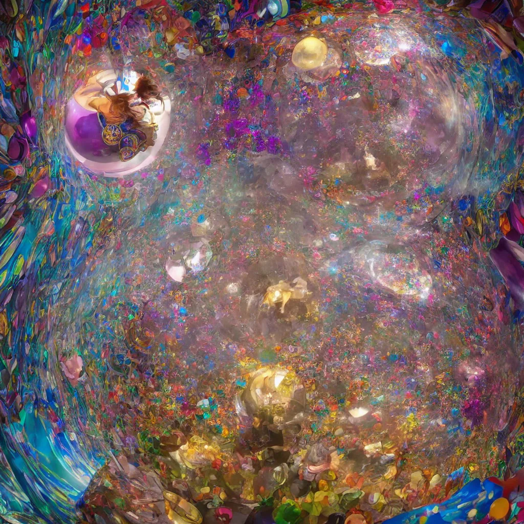 Prompt: inside a sphere with colorful walls made of crystals, interconnected, 360 degree view, dynamic lighting, 4k, HQ, hyper realistic, octane render, colorful, vibrant, venetian glass, by james jean, brian froud, ross tran, alphonse mucha, Olafur Eliasson