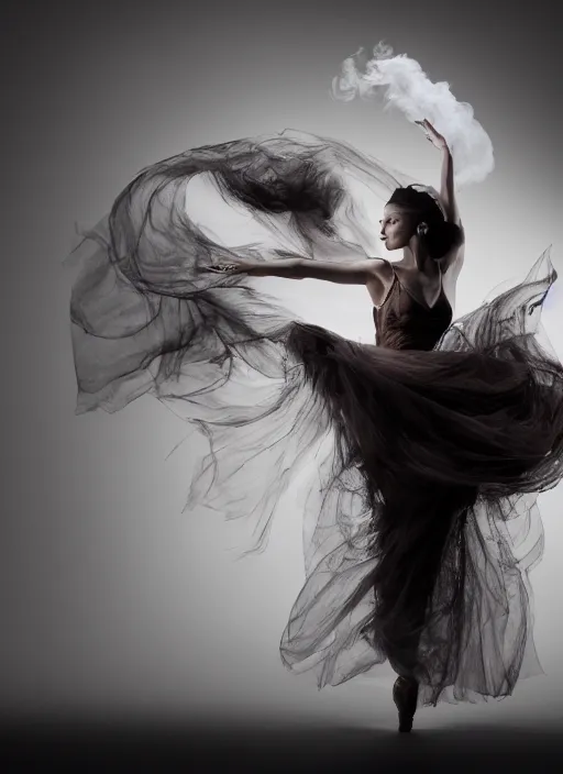 Image similar to a Photorealistic dramatic hyperrealistic render of a glamorous beautiful Female smoke dancer by Ken Brower and Deborah Ory of NYC Dance project,Lois Greenfield,Flowing cloth and smoke,Beautiful dynamic dramatic dark moody lighting,volumetric,shadows,cinematic atmosphere,Octane render,8K