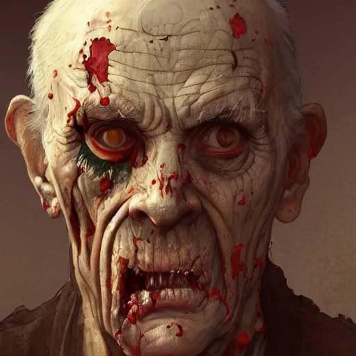 Image similar to elderly zombie man tearing off his face, intricate, art by artgerm and greg rutkowski and alphonse mucha and william - adolphe bouguereau, high detailed, 4 k,