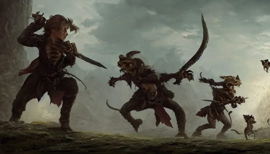 Prompt: wide shot of Emma Watson as a D&D Ranger attacking a goblin, two wolves are also attacking the goblin, trending on artstation, illustration, cgsociety, 8k, cinematic art by Greg Rutkowski and Thomas Kinkade and William O'Connor