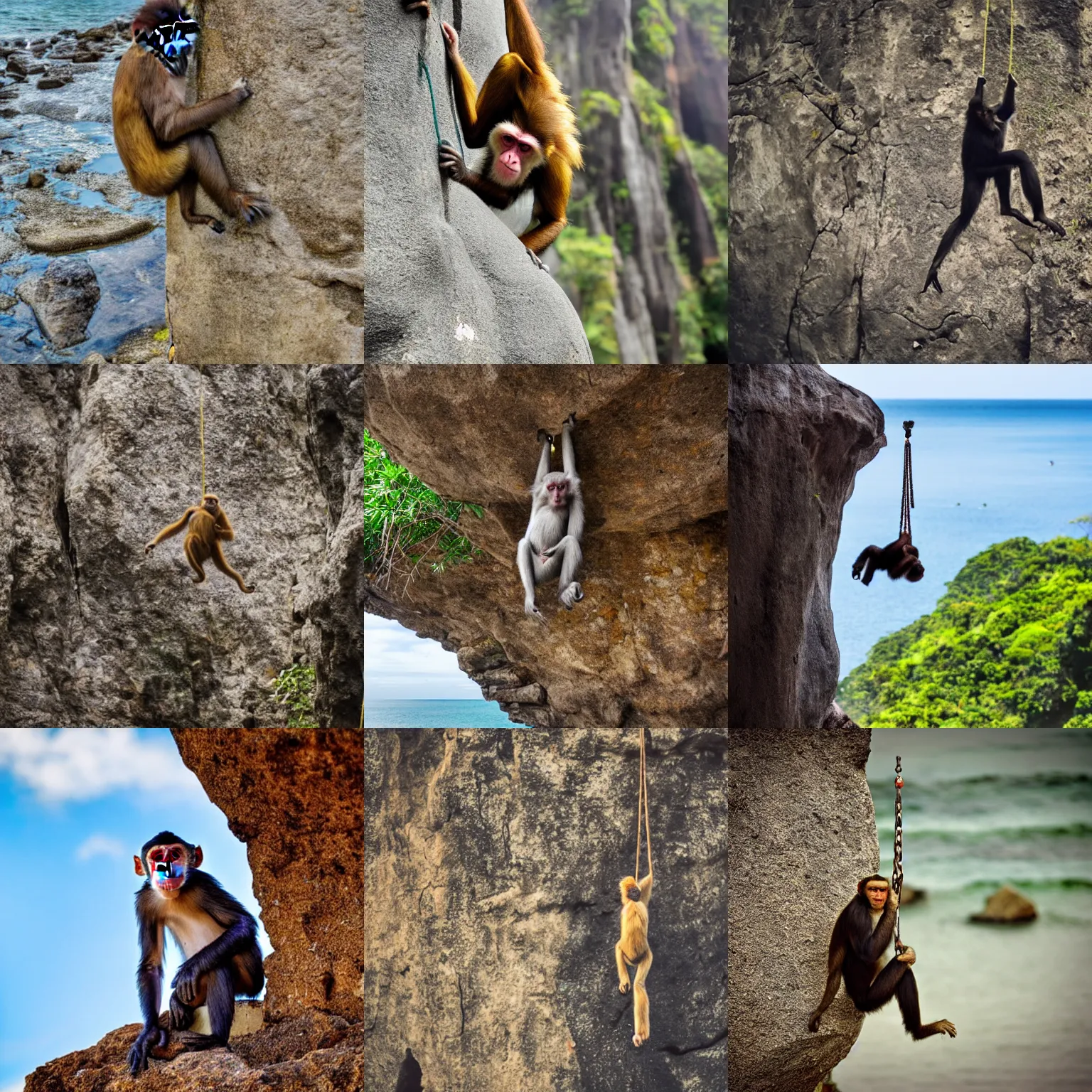 Prompt: a monkey hanging from a stone, higih brazil beach vista