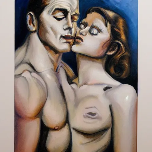 Image similar to perfectly centered symmetrical split male and female portrait of man and woman in love sharing one heart ; oil painting by will eisner, photorealistic, highly detailed