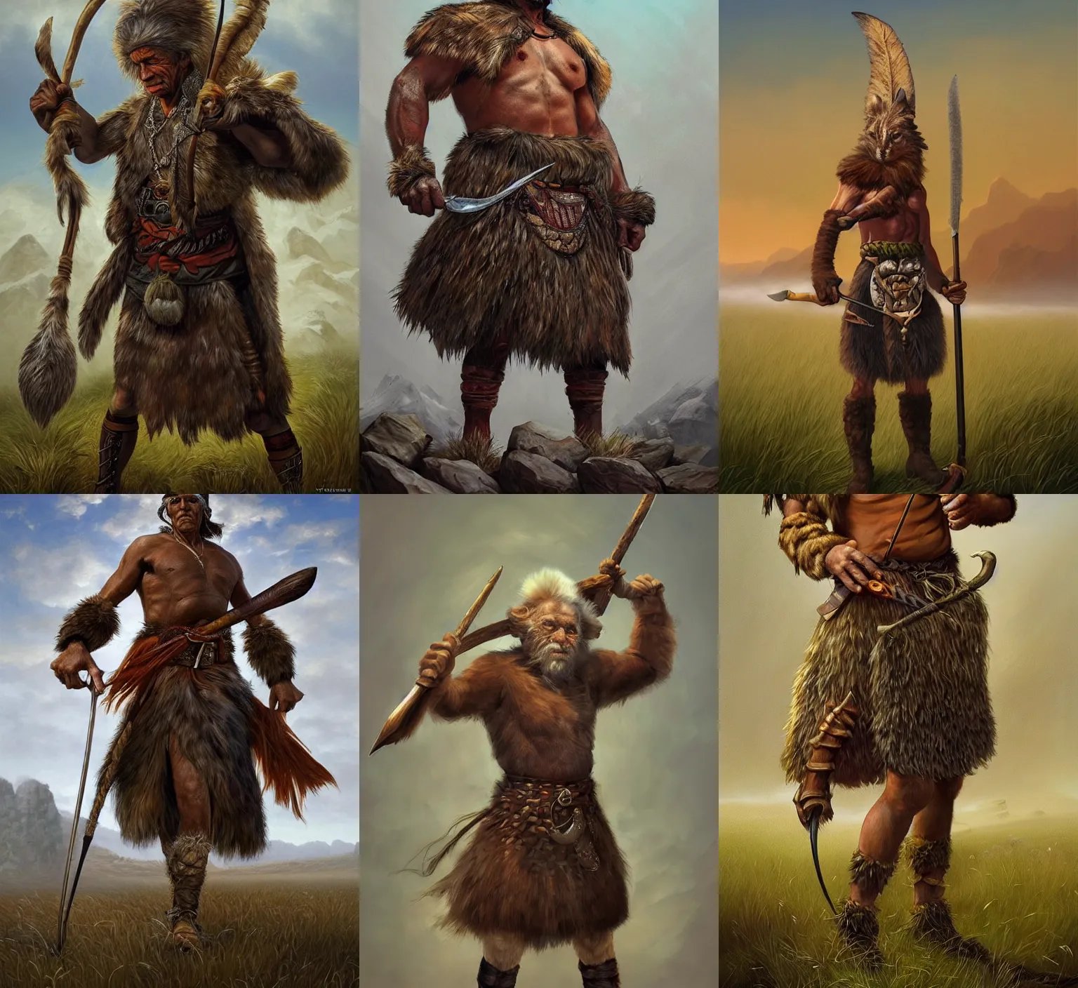 Prompt: full body artwork of an experienced hunter-gatherer with two daggers, wearing a fur kilt, incredibly detailed, D&D, finished concept art, digital art by Vladimir Kush, trending on Artstation