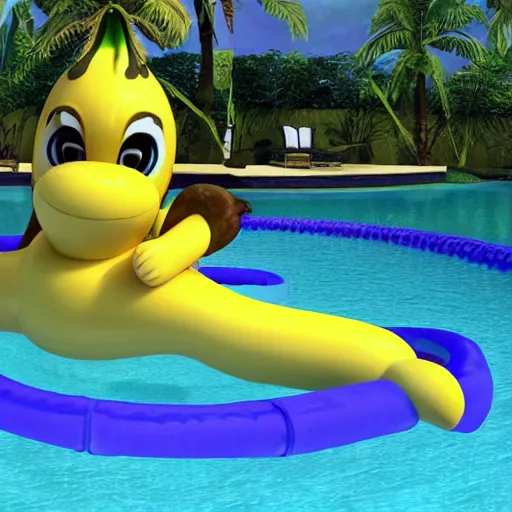 Image similar to Drake riding a big banana in a pool, 8k, sharp, high details, detailed face