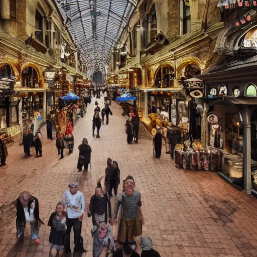 Image similar to middle aged market place getting visited by a group of extraterrestrials, cinematic, highly detailed, trending