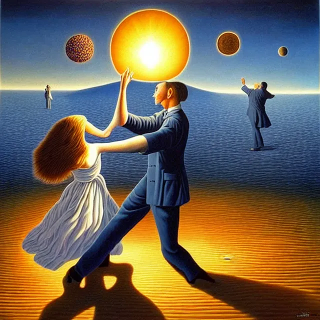 Image similar to an oil on canvas portrait of a couple dancing and the sun is shining through the window, surrealism, surrealist, lovecraftian, cosmic horror, rob gonsalves, high detail