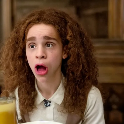 Prompt: hermione granger with mayonnaise near her open mouth