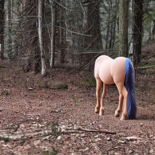 Prompt: photo of a wild horse in the woods that looks like a my little pony, feral vicious cryptid