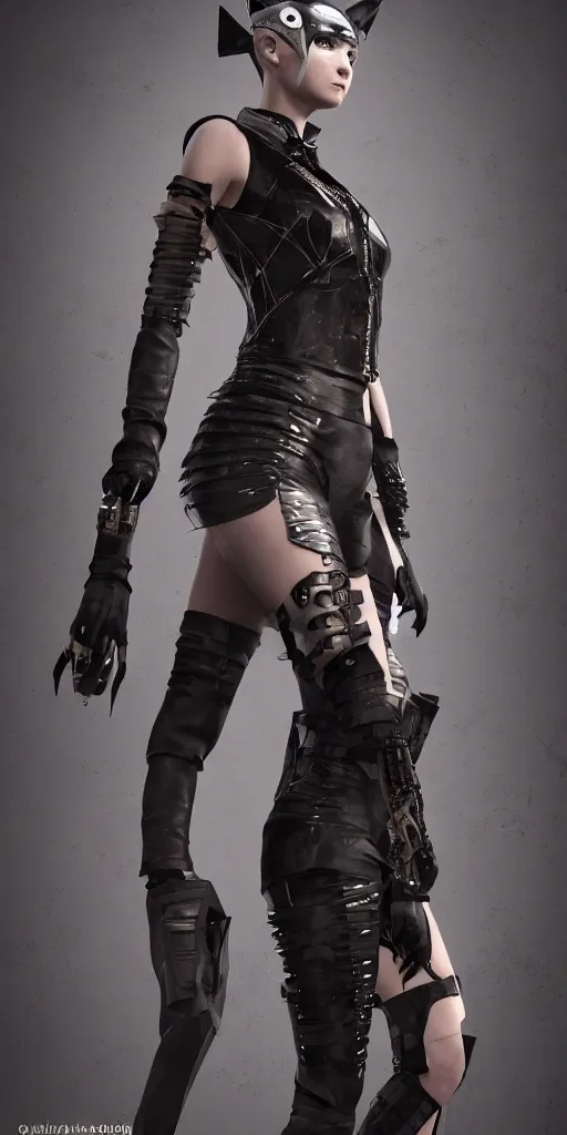 Image similar to haute couture, clothing setting for future female warrior, model standing pose, futurism, vest, leather coat, shorts, boots, electronic cat ears, cyberpunk style, render by octane and blender, hyper realistic, hyper detailed