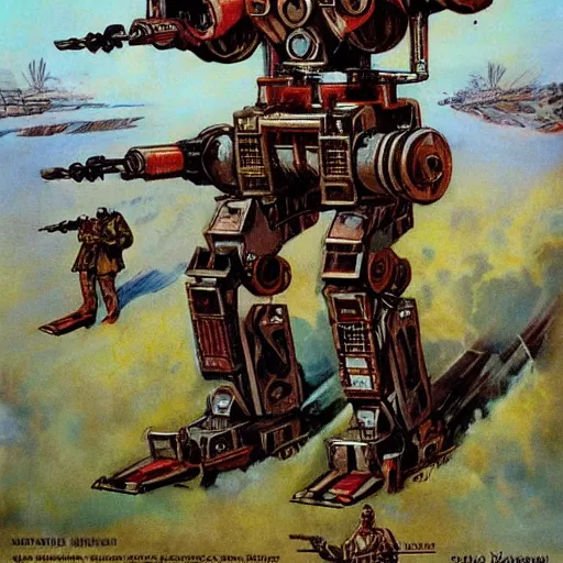 Image similar to wwi deiselpunk soviet battle mech propaganda art by james gurney