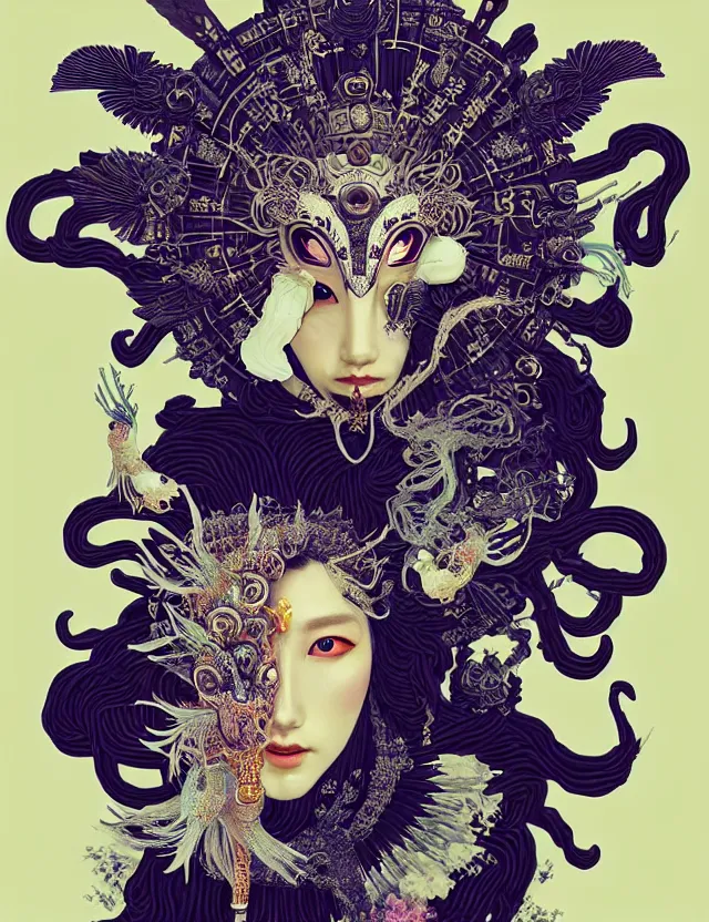 Image similar to goddess portrait with mask and crown made of ram skull. beautiful intricately detailed japanese crow kitsune mask and clasical japanese kimono. betta fish, jellyfish phoenix, bioluminescent, plasma, ice, water, wind, creature, super intricate ornaments artwork by tooth wu and wlop and beeple and greg rutkowski