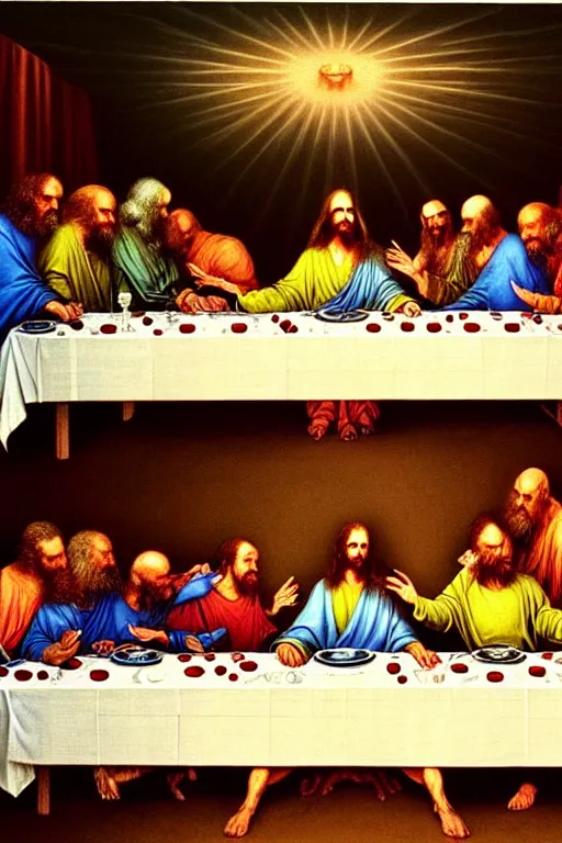 Image similar to hyper realistic painting of the last supper by wayne barlowe, beksinski, hr giger, austin osman spare, bussiere