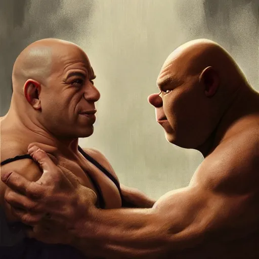 Image similar to Vin Diesel Shakes hands with Shrek, intricate, stunning, highly detailed, digital painting, artstation, concept art, smooth, sharp, focus, illustration, art by artgerm and greg rutkowski and alphonse mucha