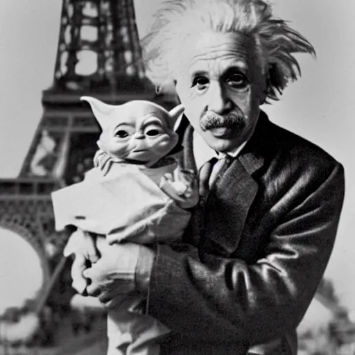 Image similar to b&w photo of Einstein holding baby Yoda on his arm next to the Eiffel tower