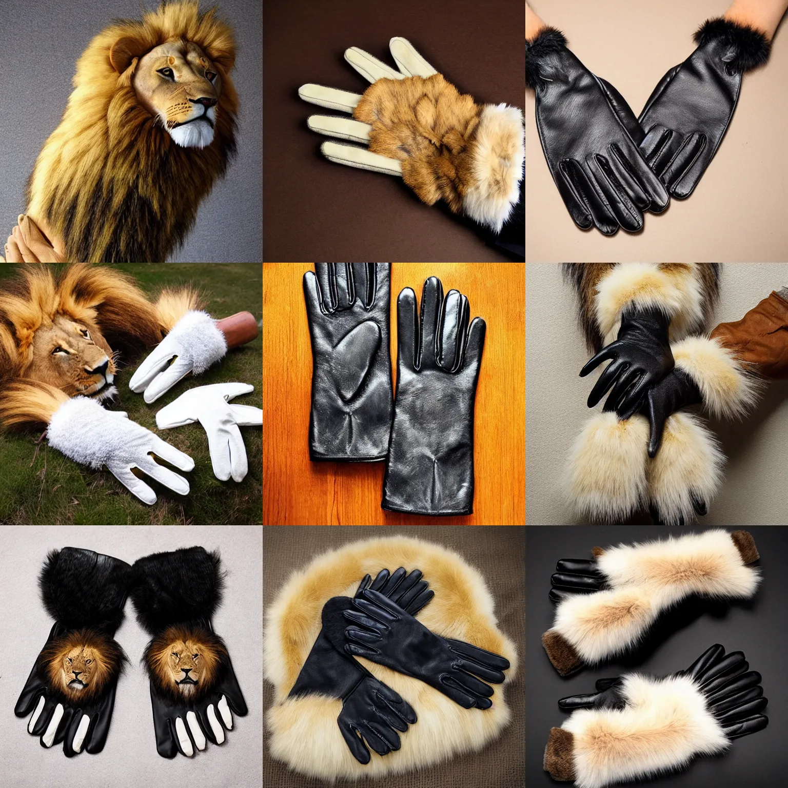 Prompt: gloves with real lion claws, taxidermy fur