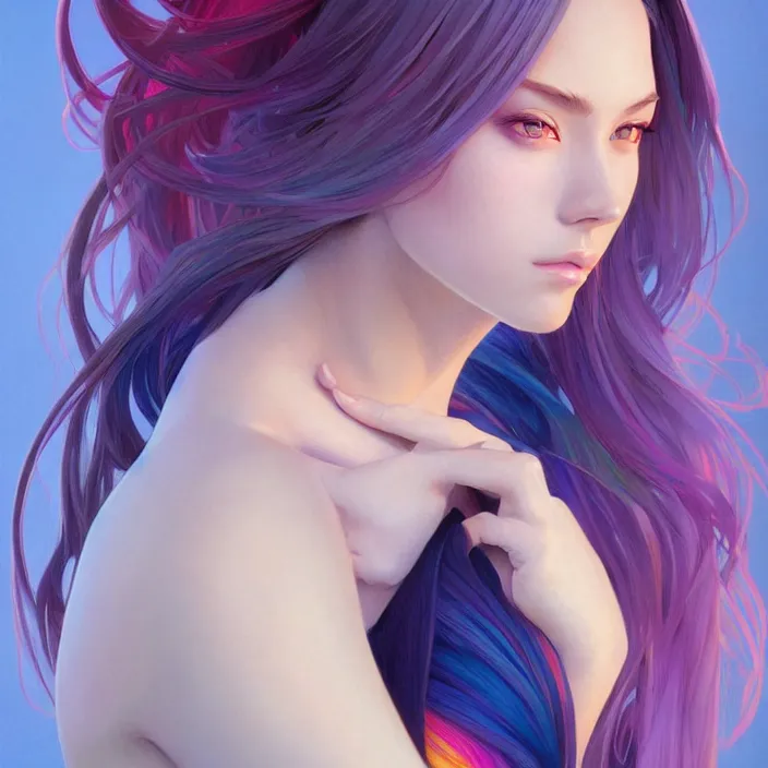 Image similar to full body portrait, a beautiful symmetrical gorgeous anime girl, rainbow hair, attractive, casual, modern, victoria's secret, highly detailed, digital painting, artstation, concept art, smooth, sharp focus, illustration, art by artgerm, greg rutkowski and alphonse mucha, 8 k,