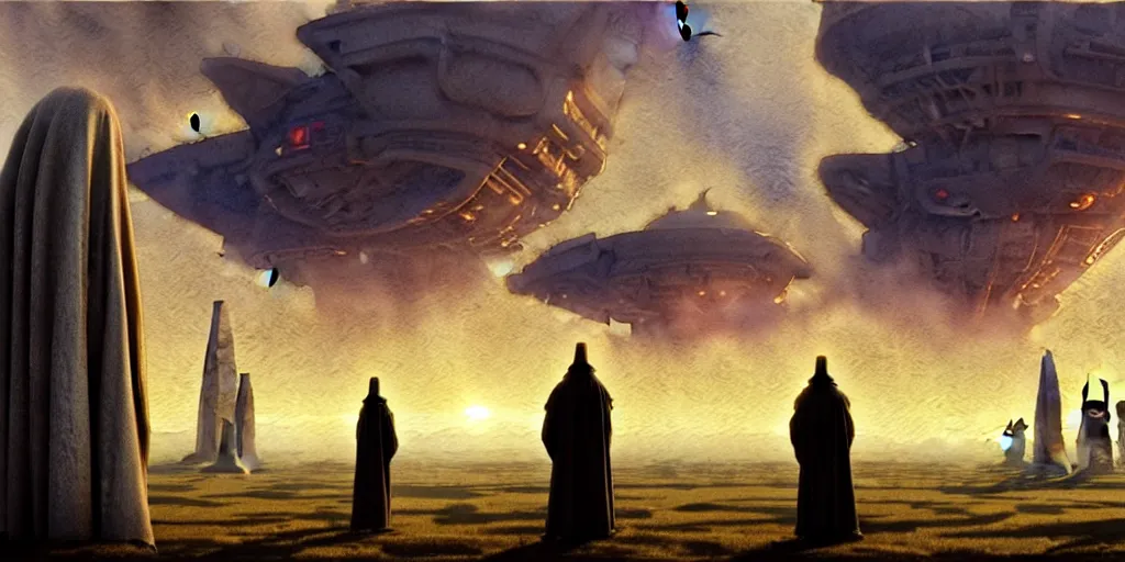 Prompt: a hyperrealist watercolor concept art of a giant alien ship from independence day on the horizon of a futuristic city in stonehenge. a medieval monk in grey robes is in the foreground. golden hour. very muted colors, by rebecca guay, michael kaluta, charles vess. high detail, hq, wide shot, 4 k