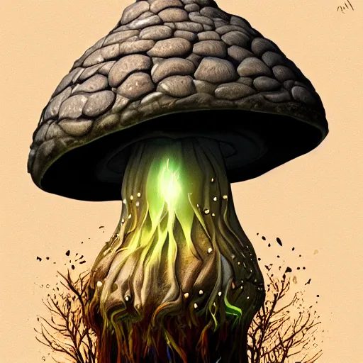 Prompt: a very detailed realistic digital painting of a bioluminescent mushroom wizard. Casting a spell. Trending on Artstation.