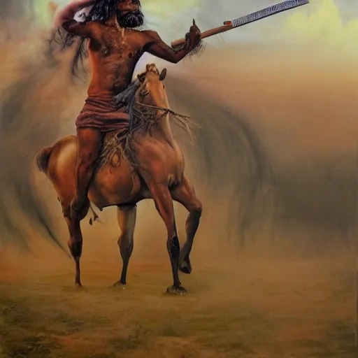 Image similar to portrait of head and body, single bangla farmer fighting on hoseback, hand to hand combat with machete, wielding machete, full body view, long flowing hair, fighting for his life, nebula aura surrounding subject, horseback combat attacker foreground, background of invading army, nestor canavarro hyperrealist art style, sharp outlines