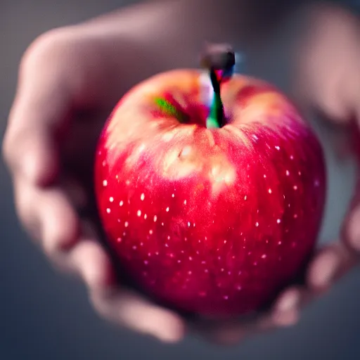 Image similar to Realistic photo of a red apple in an old man\'s Hand, HD, trending on artstation, 8k, beautiful photo, artistic photography