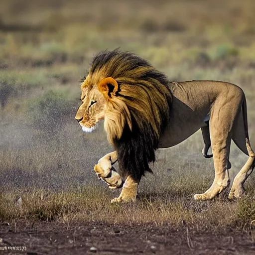 Prompt: lion hunting national geographic animal photography, action shot, 4 k, award winning, photo of the year