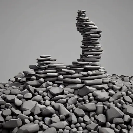 Prompt: abstract modern sculpture made of piled stones, wood, nails, photorealistic, cinematic light, 3 d rendering, higly detailed, minimalist, made with unreal engine, cgsociety, by yves tanguy, by nate boyce, by david smith